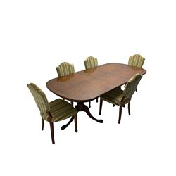 Regency design walnut twin pedestal extending dining table, rectangular burr top with rounded corners and crossbanding, raised on turned vasiform columns with tripod base, with additional leaf (D107cm W184cm/230cm, H76cm); and set eight (6+2) shield back dining chairs, upholstered in striped laurel green fabric, raised on tapering supports with spade feet, retailed by Geoffrey Benson