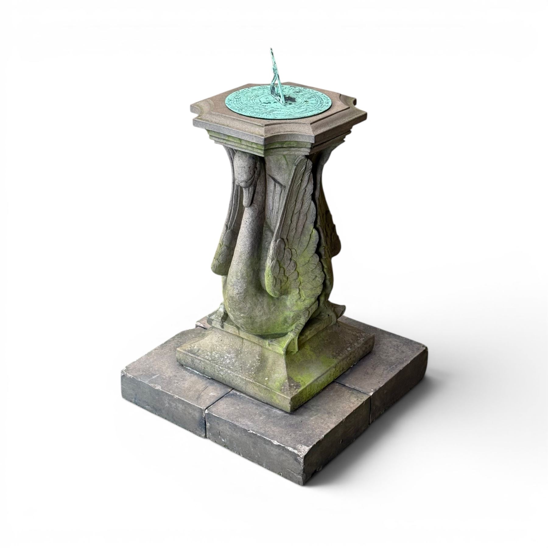 Late 20th century terracotta twin swan sundial, well figured seated back to back with shaped top, raised on four sectional base. Measurements exclude base.
Base: 60cm x 60cm