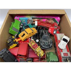 Collection of toys including tin aeroplane, airport crash truck, Majorette Cobra, Publix 'dairi fresh' van, Oxo van, hotwheels cars etc, in two boxes 