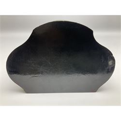 Victorian papier-mâché stationary box, of rounded wedge form with mother of pearl escutcheon, the hinged and curved cover and sides hand painted with floral sprays, opening to reveal a lined and fitted interior, H15cm L22cm D16cm