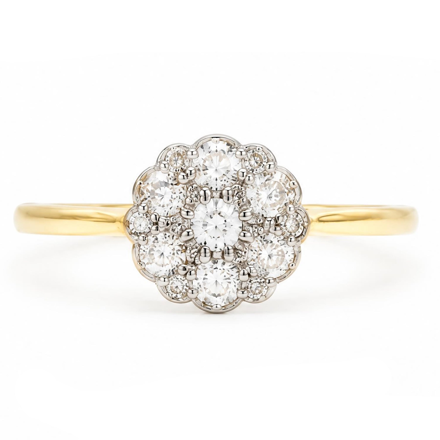 Early 20th century diamond daisy cluster ring, milgrain and bead set with thirteen old cut diamonds by Ahronsberg Brothers, stamped 18ct, total diamond weight approx 0.45 carat
