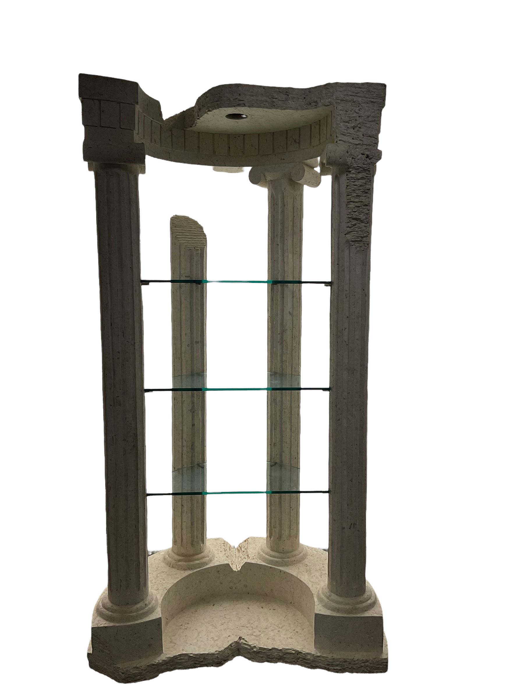 Cast architectural stone effect column display stand, fitted with three glass shelves 