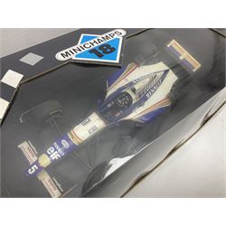 Three Minichamps '18' 1:18 scale die-cast racing cars - Jordan Peugeot 196 1996 R. Barrichello; Benetton Renault B196 G. Berger; and Williams Renault FW18 D. Hill; all boxed (3)