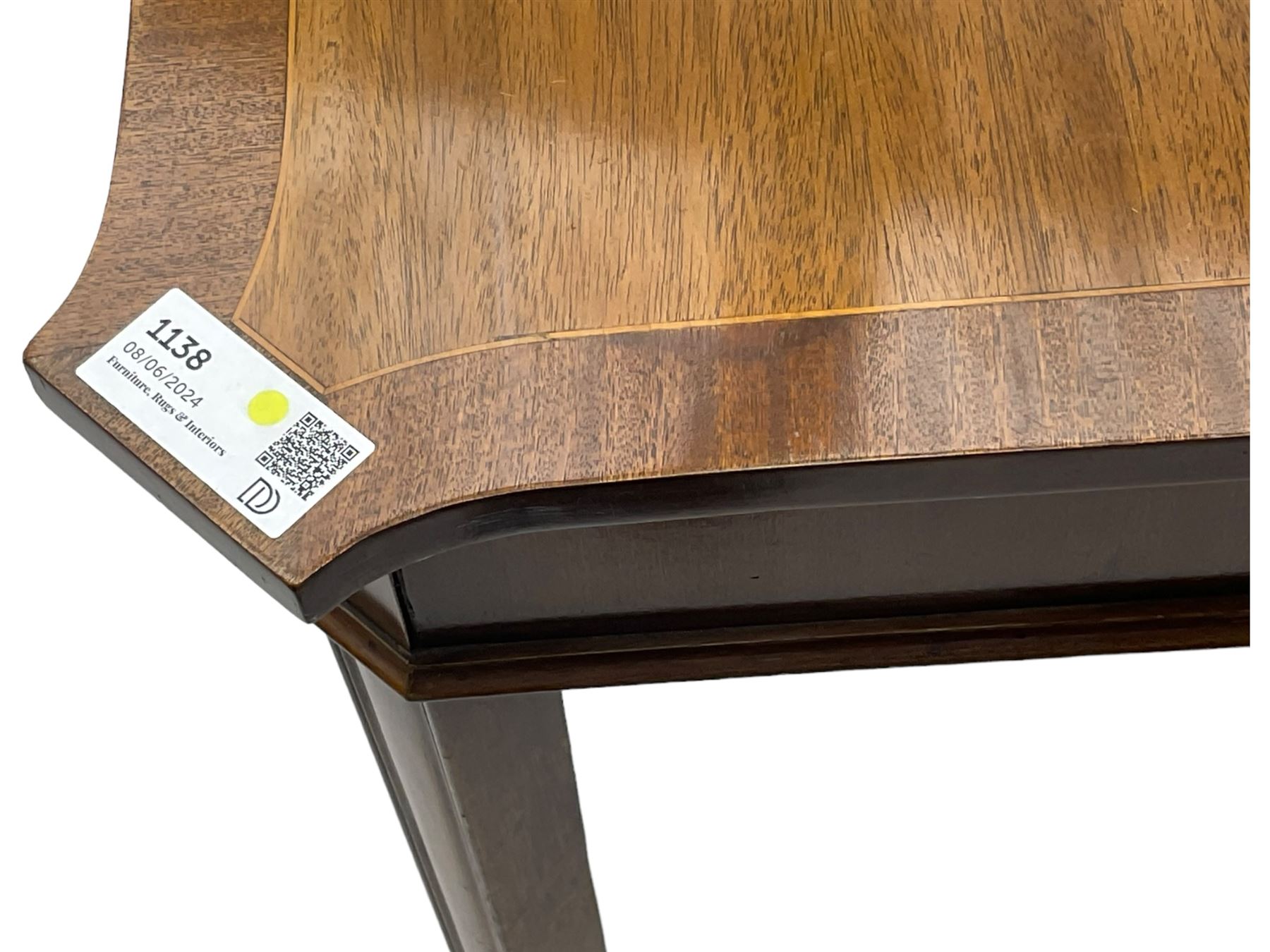 Regency design mahogany extending dining table, rectangular top with extending canted corners, pull-out action with additional leaf (84cm x 136cm - 182cm, H76cm); set of eight Regency design mahogany dining chairs with rope twist rails