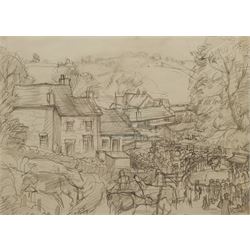 Constance Anne Parker (British 1921-2016): 'Malham Cattle Sale', pencil unsigned titled and dated '49 in the artist's hand 19cm x 27cm 
Notes: this is reminiscent of the pencil sketches of Fred Lawson, and it seems probable the two met at some point in the Yorkshire Dales.