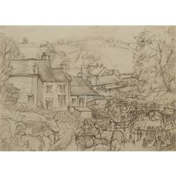 Constance Anne Parker (British 1921-2016): 'Malham Cattle Sale', pencil unsigned titled and dated '49 in the artist's hand 19cm x 27cm 
Notes: this is reminiscent of the pencil sketches of Fred Lawson, and it seems probable the two met at some point in the Yorkshire Dales.