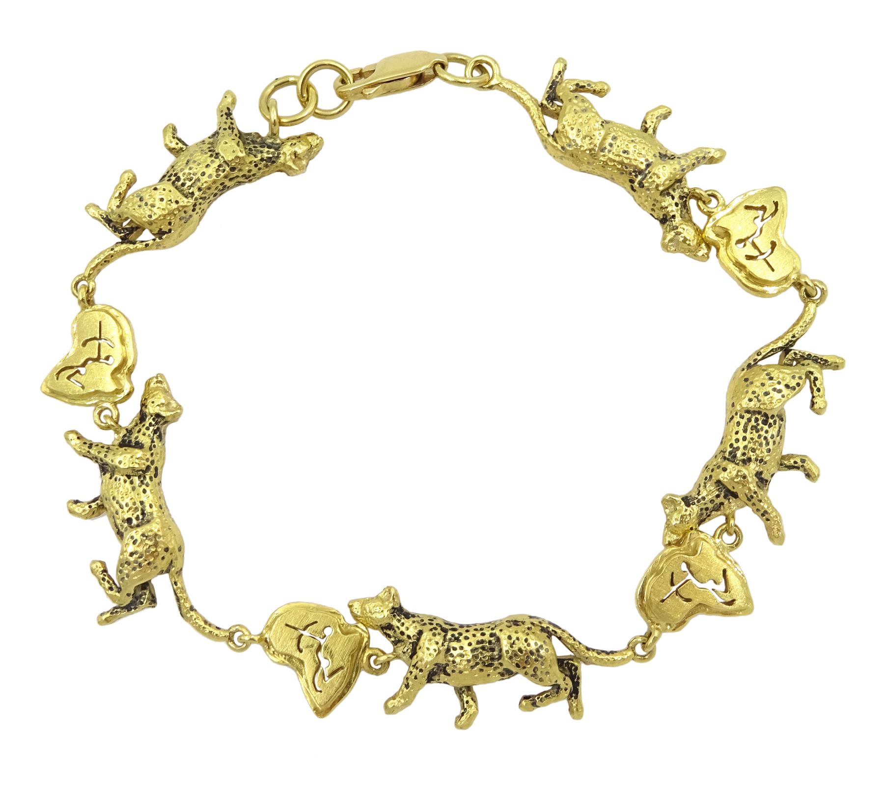 18ct gold leopard and hunting scene link bracelet, stamped 750