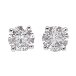  Pair of 18ct white gold round brilliant cut diamond stud earrings, hallmarked, diamond total weight 1.14 carat  