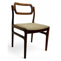 Johannes Andersen for Uldum Mobelfabrik - set of eight Danish teak dining chairs, each with open back rests with curved edges, upholstered seats in a neutral woven fabric, raised on tapered supports