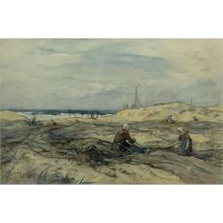 Frederick Stuart Richardson (Staithes Group 1855-1934): Mending Nets in the Dutch Sand Dunes, watercolour signed 48cm x 72cm