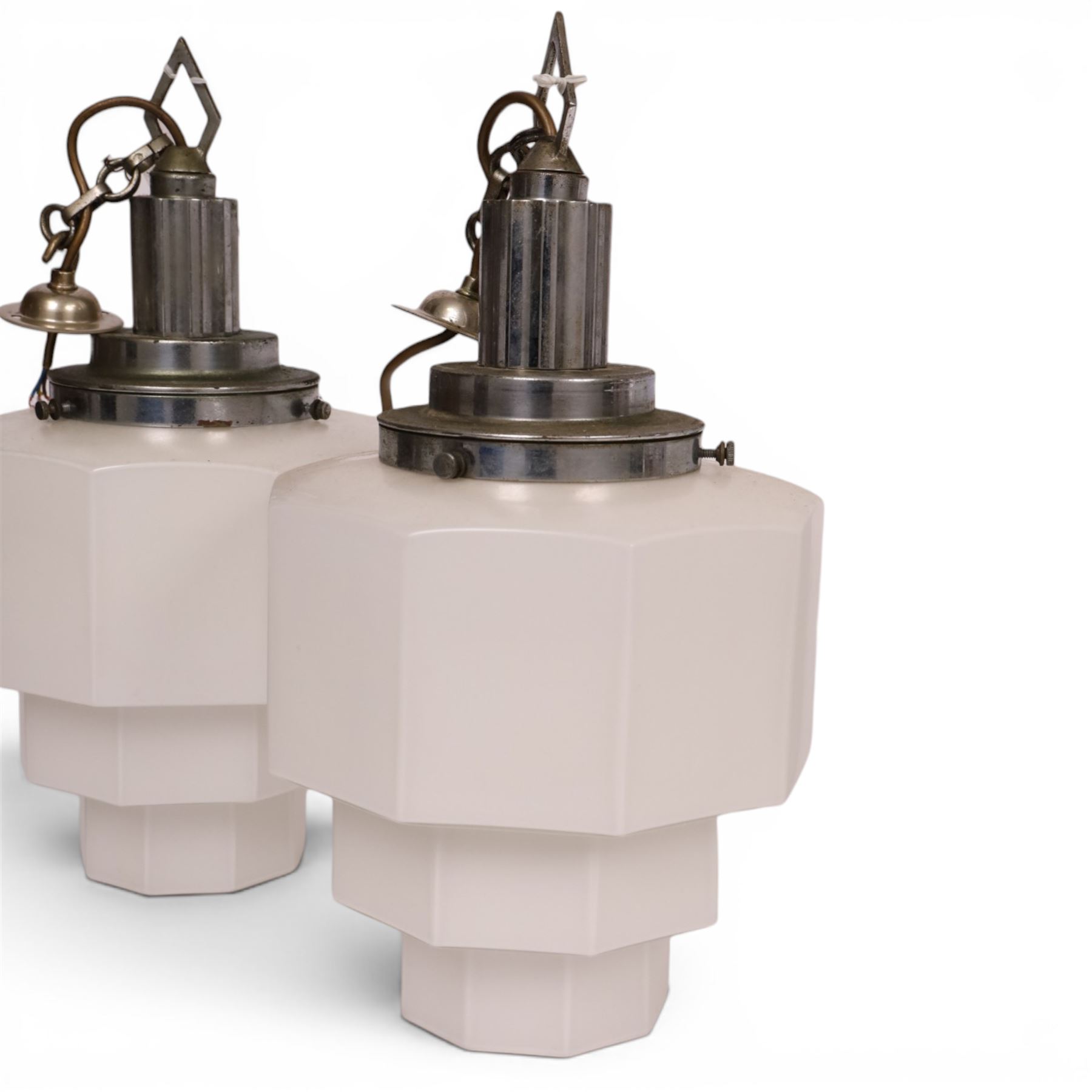 Pair of  mid-century milk glass nonagon ceiling light fittings, together with one other, pair H45cm