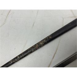 French Model 1874 Epee bayonet marked Oulle 1876 in associated scabbard; Model 1866 sabre bayonet in cut-down sword scabbard; and Model 1842/59 sabre bayonet in relic condition (3)