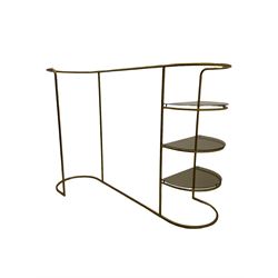 Brass shops display clothing rail, opposing curved ends, one side fitted with three smoked glass shelves, from the home of BIBA at House of Fraser stores