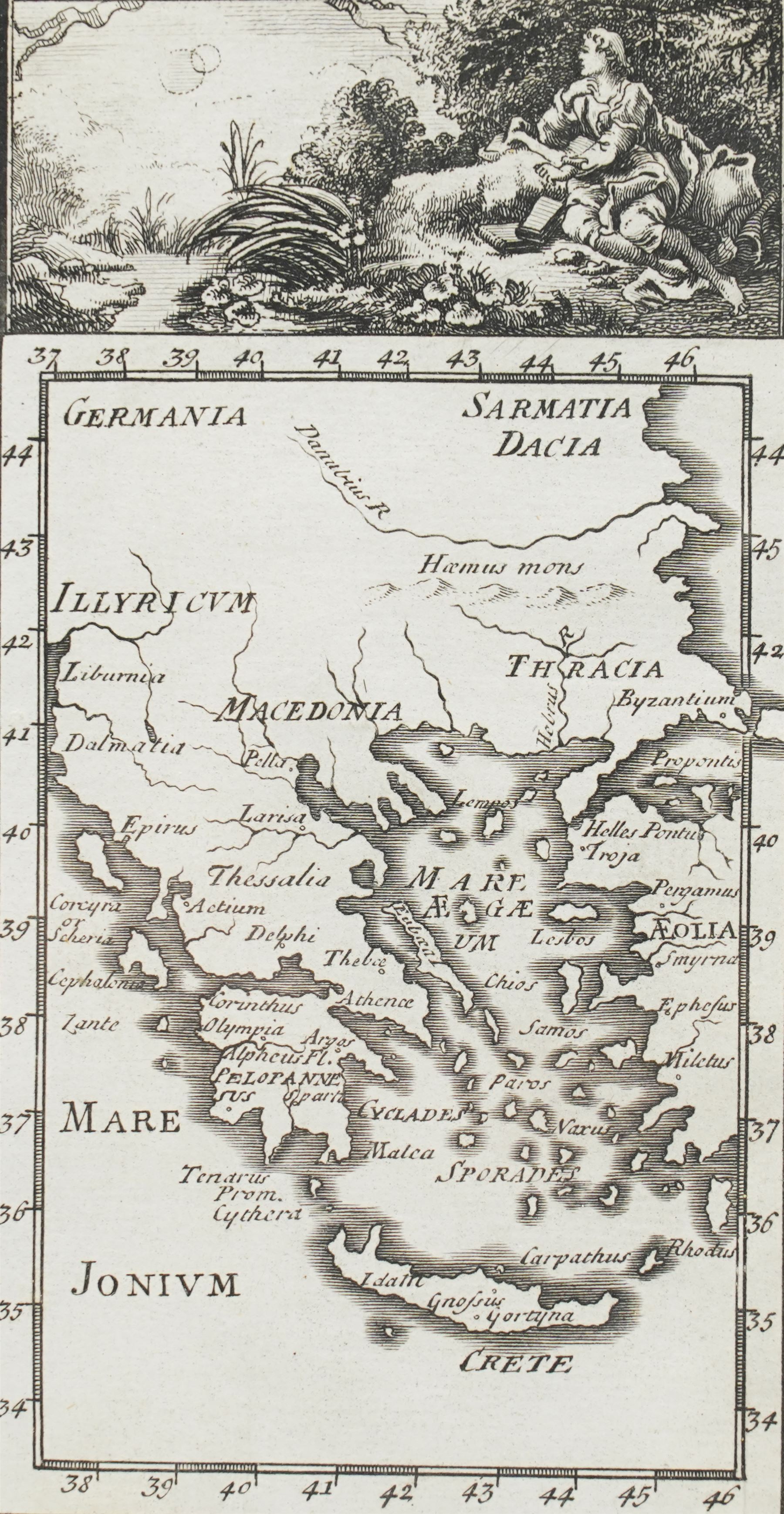 Gabriel Ramirez (Spanish 18th century): ‘La Grecia Y Onia’, 18th century engraved map of Ancient Greece, Ionia and the Aegean, extending from Illyricum and Macedonia to Crete and the Sea of Marmara, with decorative vignette pub. Espectaculo de la Naturaleza c.1739, 16cm x 11cm
