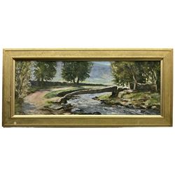 Ken Johnson (British 20th century): River Landscape, oil on canvas signed 27cm x 76cm