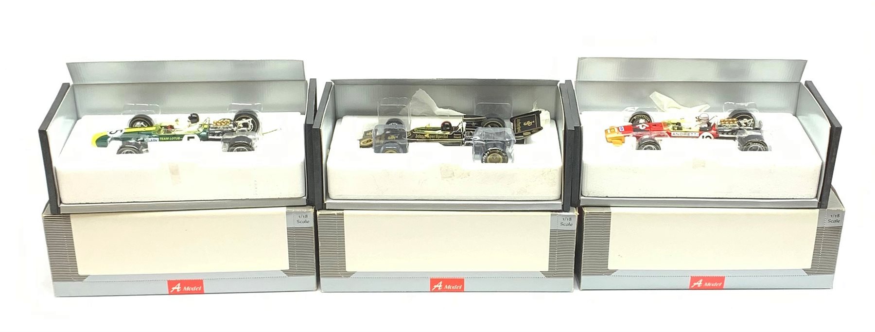 A-Model Classic Models - three 1:18 scale die-cast models of racing cars comprising Lotus 49B U.S.A. G.P. 68 Mario Andretti, Lotus 72D 'JPS' Winner British G.P. 72 Emerson Fittipaldi and Lotus 49 Winner British G.P. 67 Jim Clark, all boxed (3)