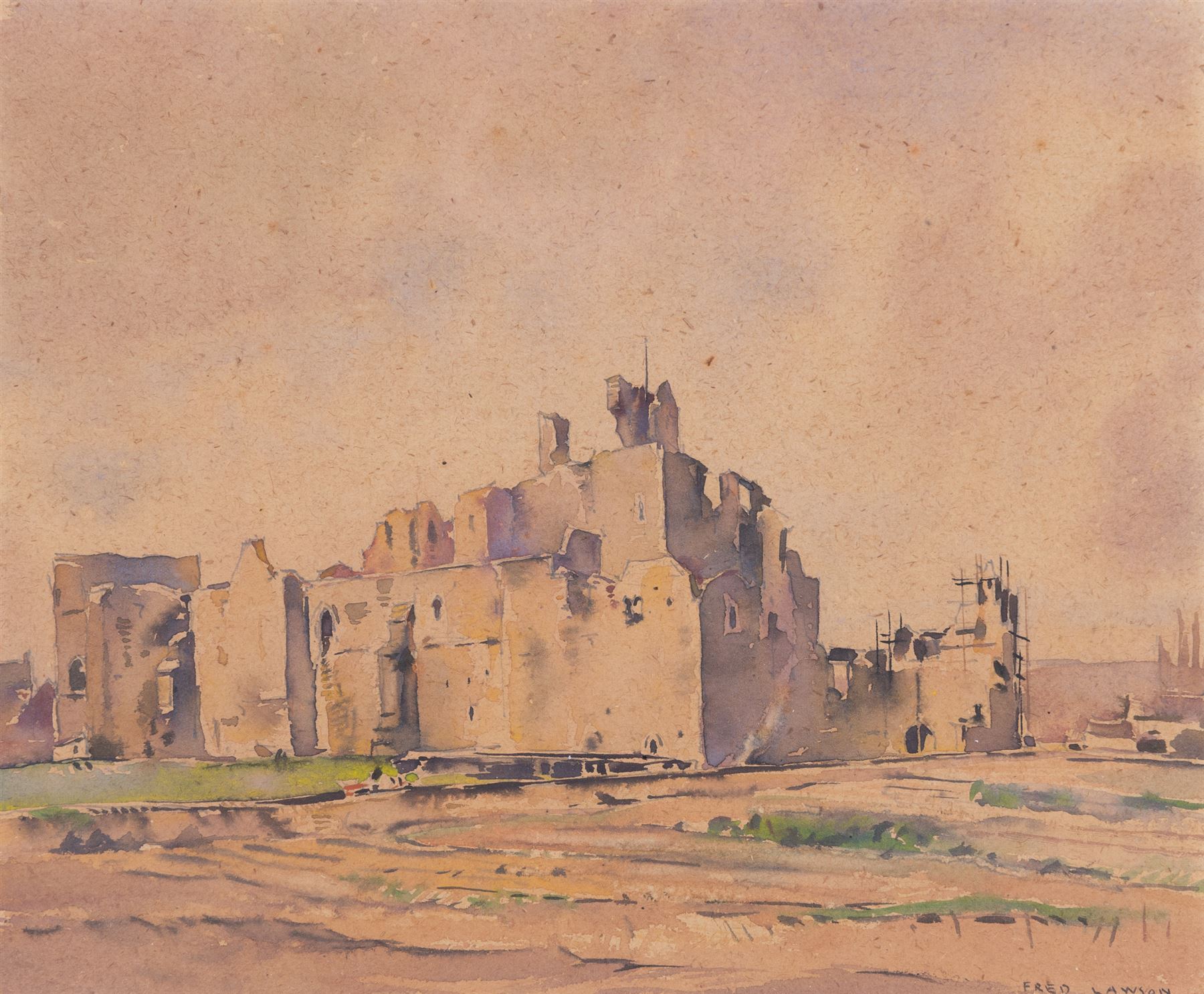 Frederick (Fred) Lawson (British 1888-1968): Middleham Castle, watercolour over pencil on buff paper signed 25cm x 30cm 
Provenance: private collection purchased Tennants Leyburn 16th November 2012 Lot 815