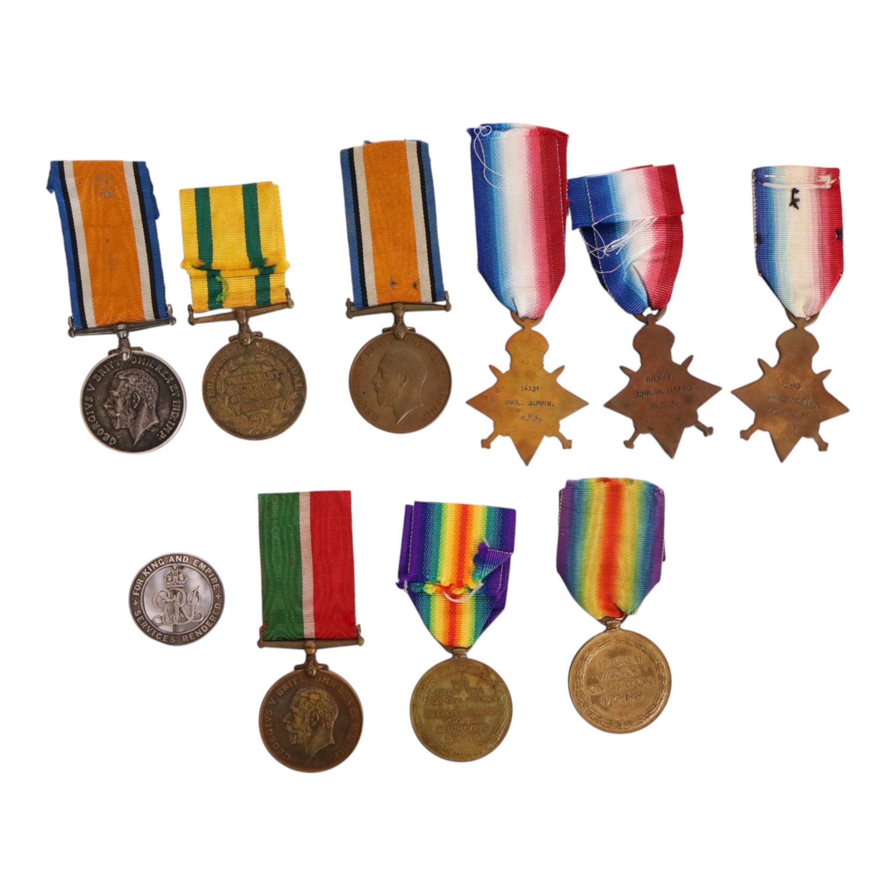 WWI British group of nine medals and silver war badge, including bronze War medal, 1914 Star with 5th Ayg-22nd Nov bar and rosette, South African Victory medal, Mercantile Marine medal, Territorial Force war medal