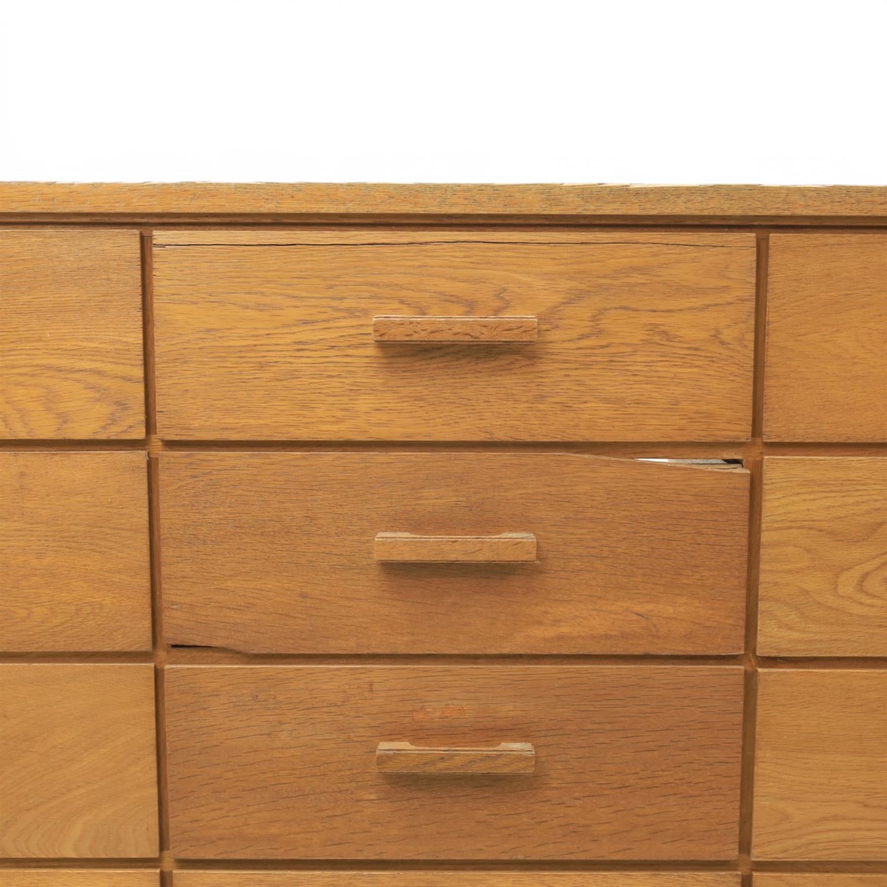 Dudley & Co - early 20th century oak framed and glazed haberdashery shop counter, fitted with sliding tray drawers
