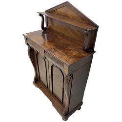 Victorian mahogany chiffonier side cabinet, raised panelled back with sloped pediment on acanthus carved S-scroll supports, rectangular top over two frieze drawers, enclosed by two panelled doors, shaped and acanthus carved uprights, on turned feet 
