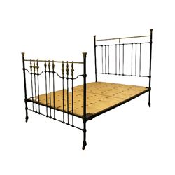 Victorian style black painted iron and brass 4’ 6”  double bedstead