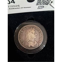 Charles II 1672 silver one crown coin, in Hattons of London case