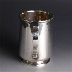 1930s silver christening mug, of slightly tapering cylindrical form and C scroll handle, engraved with initials to body, hallmarked Birmingham 1933, maker's mark worn and indistinct, H10cm