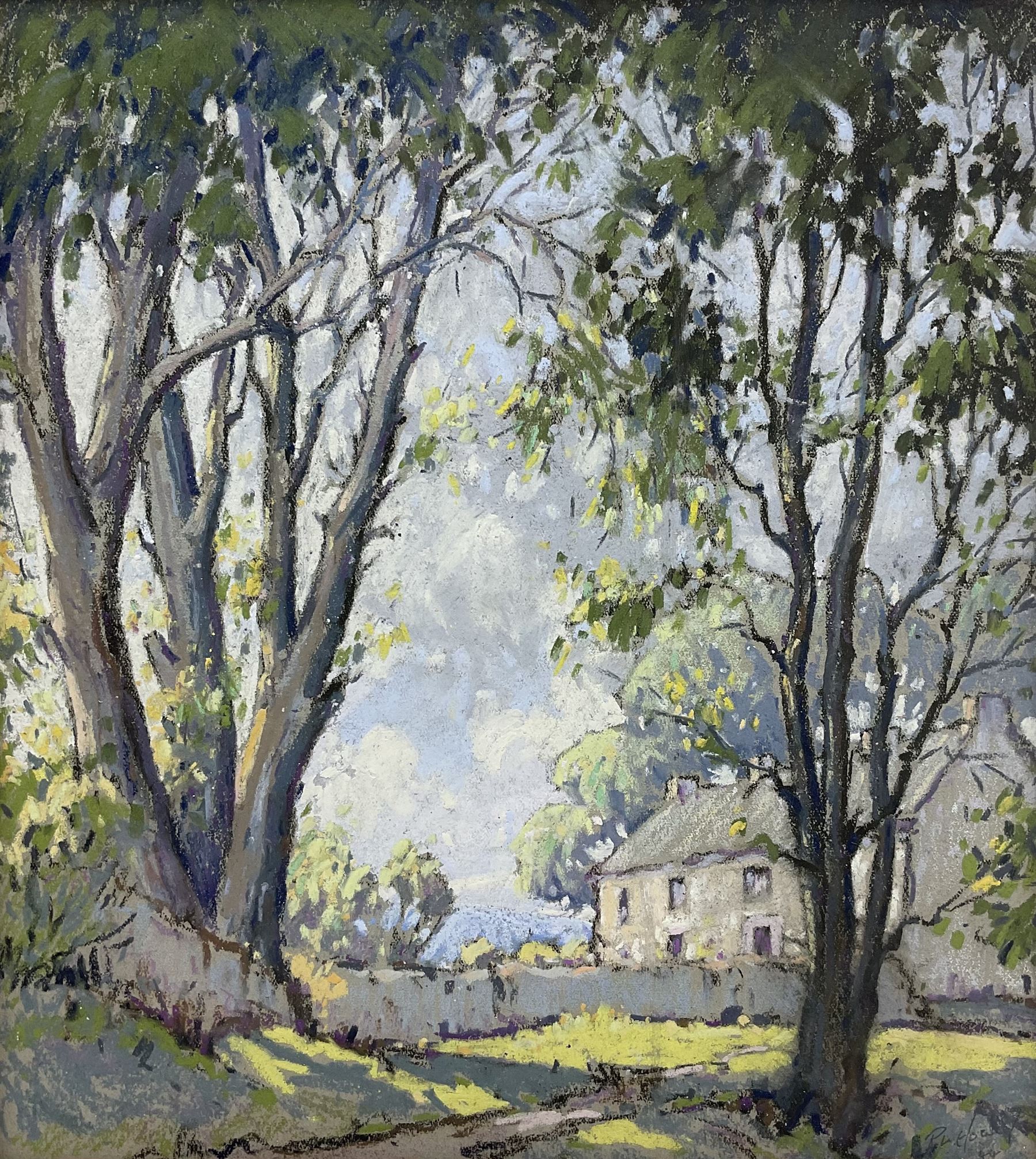 Robert Leslie Howey (British 1900-1981): 'A Cottage in Weardale', pastel signed and dated '44, titled on label with artist's Hartlepool address verso 25cm x 25cm