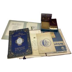 Collection of postcards, 20th century autograph book, with drawings and painting, together with The Illustrated London News Coronation Record Number 1937 and other ephemera 