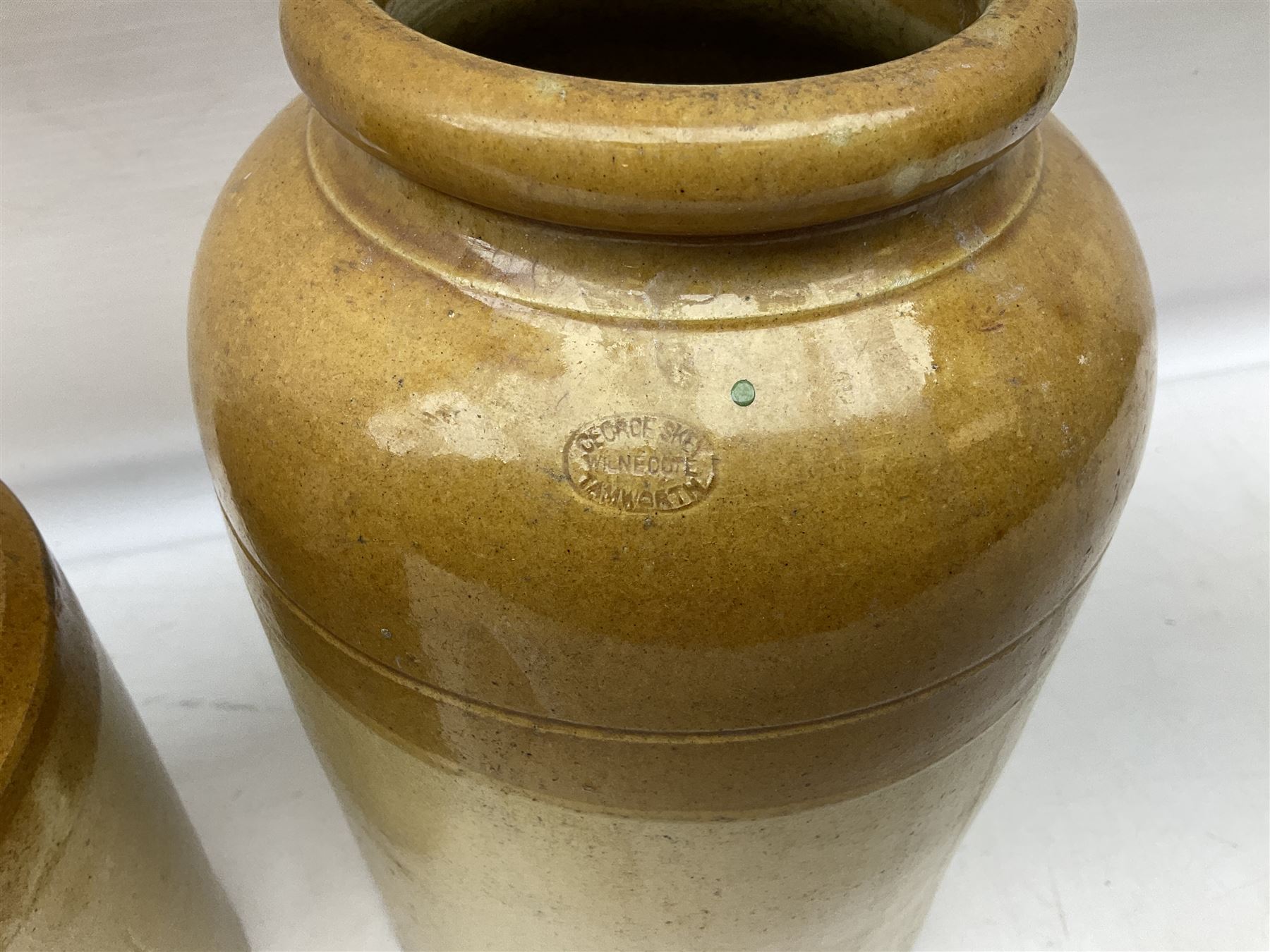 Quantity of salt glazed stoneware flagons, two tone jars and jug etc, to include some with impressed marks and labels, largest H26cm