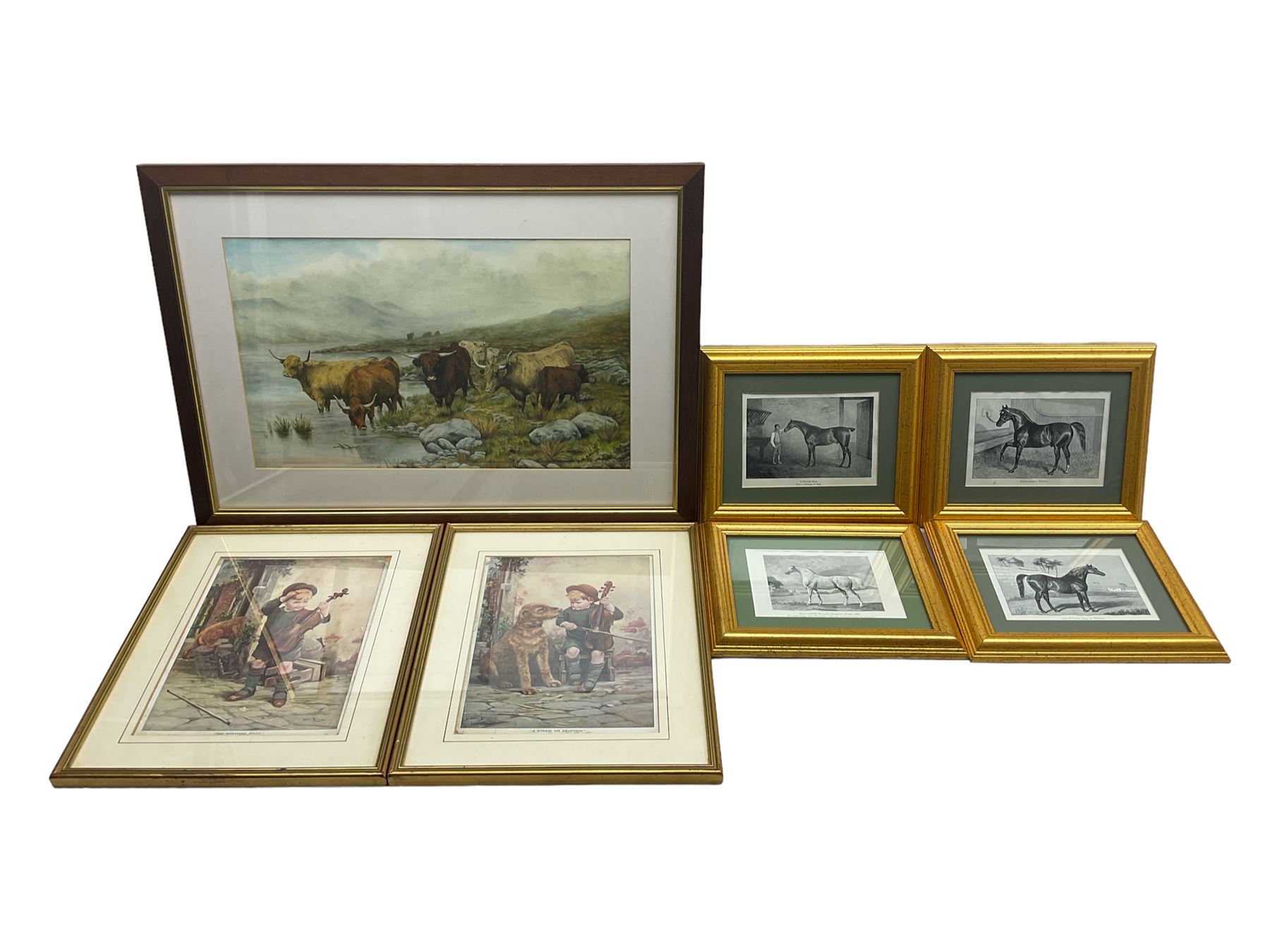 After Dorothy Margaret Alderson (British 1900-1992): Highland Cattle Watering, colour print; After Arthur Spooner (British 1873-1962): 'A Strain on Devotion' and 'The Breaking Point', pair colour prints; After Penry Powell Palfrey (British 1830-1902): 'A Hunter Sire', 'Anglo-Arabian Khaled', 'Thoroughbred Stallion Mambrino' and 'Arab Stallion Speed of Thought', set four reproduction engravings; and a late 19th century Cassell poultry print (8)