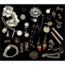 Heavy silver identity bracelet, Victorian silver Claddagh ring, Birmingham 1896, tree of life brooch, Vicotrian and later silver brooches, pair of silver-gilt stone set pendant earrings, Victorian and later silver coin bracelet, Georgian coin brooch and collection of silver stone set jewellery