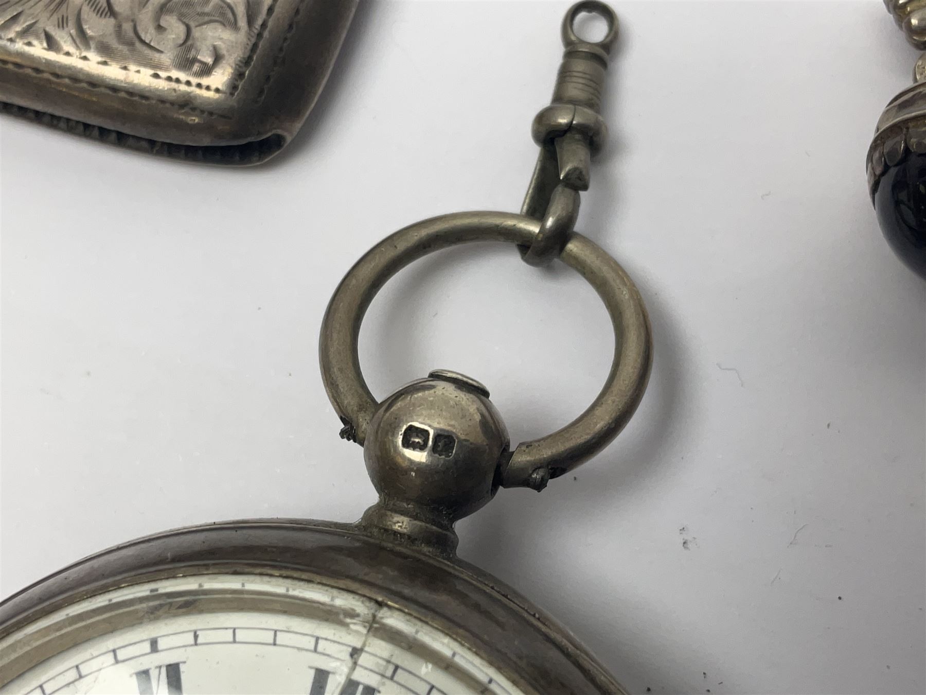 Edwardian silver open faced lever pocket watch, with subsidiary seconds dial, by WE Watts Nottingham, hallmarked William Ehrhardt, Birmingham 1906, together with a silver Albert chain, silver tiger's eye unicorn fob, and a silver vesta case with double sided fob, all hallmarked 