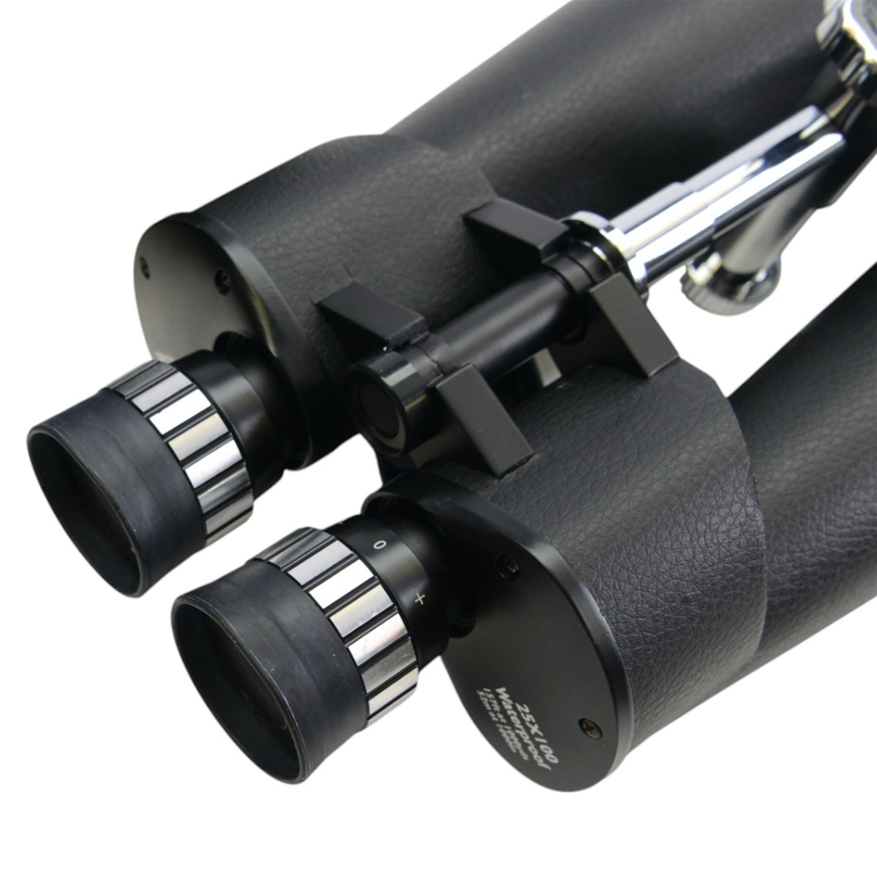 Helios 25 x 100 waterproof binoculars, with lens caps and strap, contained within flight case