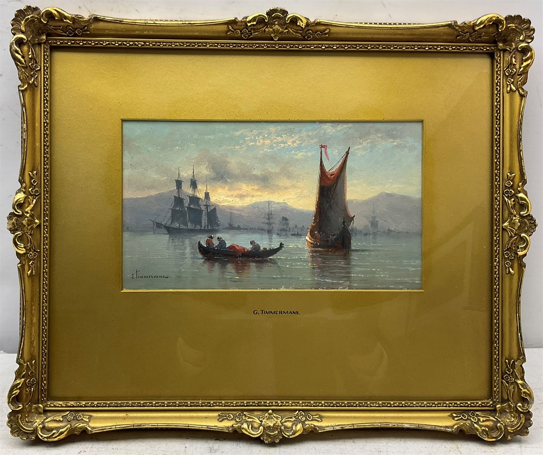 Louis Etienne Timmermans (Belgian 1846-1910): Boats in Calm Waters, oil on board signed 14cm x 24.5cm