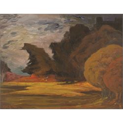Graham Kingsley Brown (British 1932-2011): Autumn Landscape, acrylic on board signed with initials and dated '94, titled and signed verso 34cm x 44cm 
Provenance: consigned by the artist's daughter - never previously been on the market.