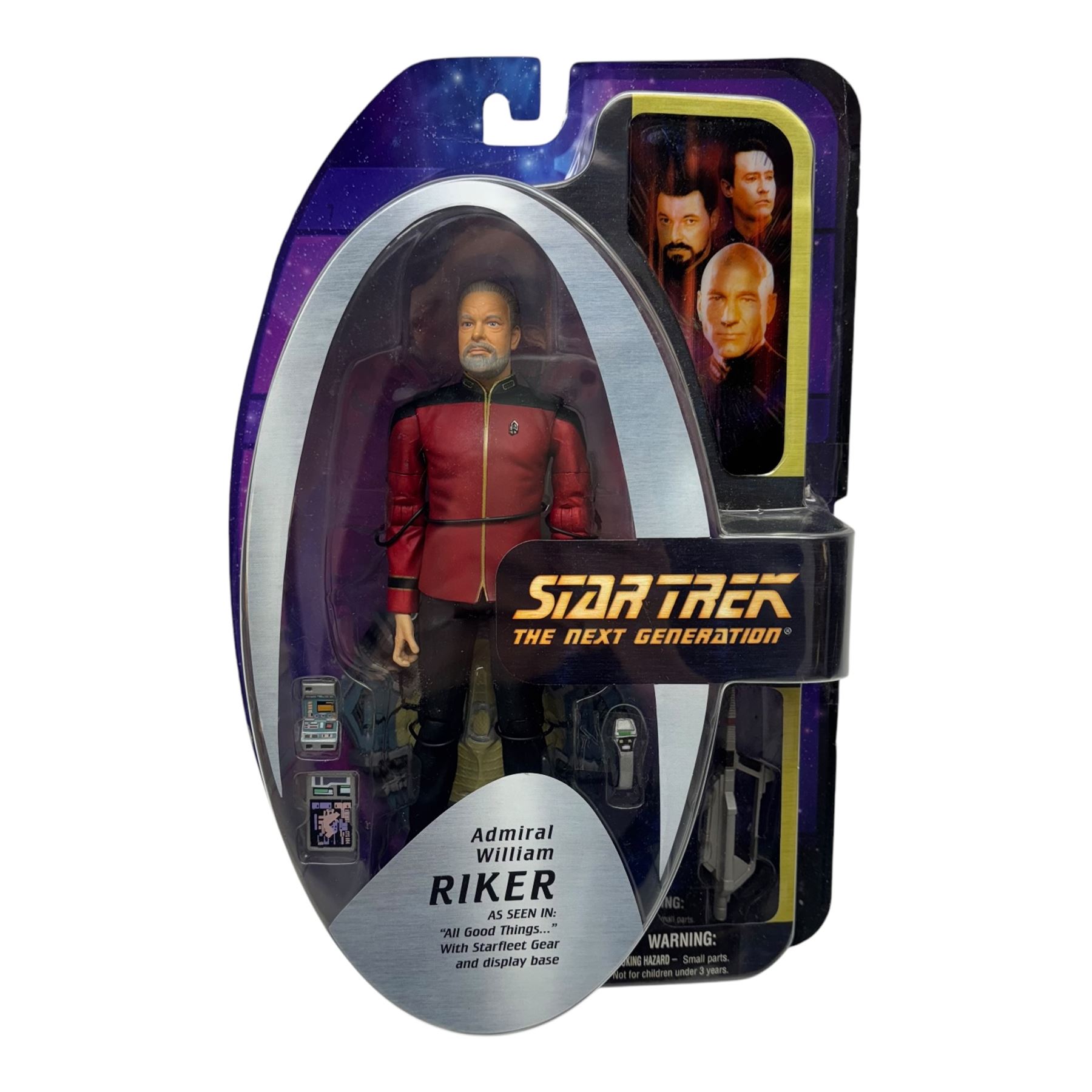 Three Art Asylum Star Trek action figures, comprising The Next Generation Admiral William Riker, Enterprise Broken Bow Lieutenant Malcolm Reed and Enterprise Broken Bow Captain Jonathan Archer, together with three Playmates Toys playsets and figures, including U.S.S Enterprise Bridge playset, Cadet Uhura action figure and Pike action figure, all boxed or carded