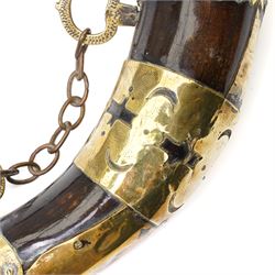 Leg of mutton leather shotgun case L78cm and a North African brass and horn powder horn