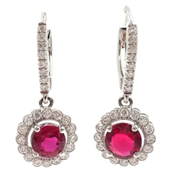  18ct white gold round ruby and diamond cluster pendant ear-rings, stamped 750  