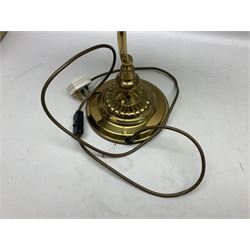 Brass bankers lamp with green glass shade, H34cm