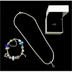 Collection of silver Pandora jewellery comprising a bracelet with thirteen Pandora charms and safety chain, necklace with one Pandora charm, and one stone set ring, in Pandora box