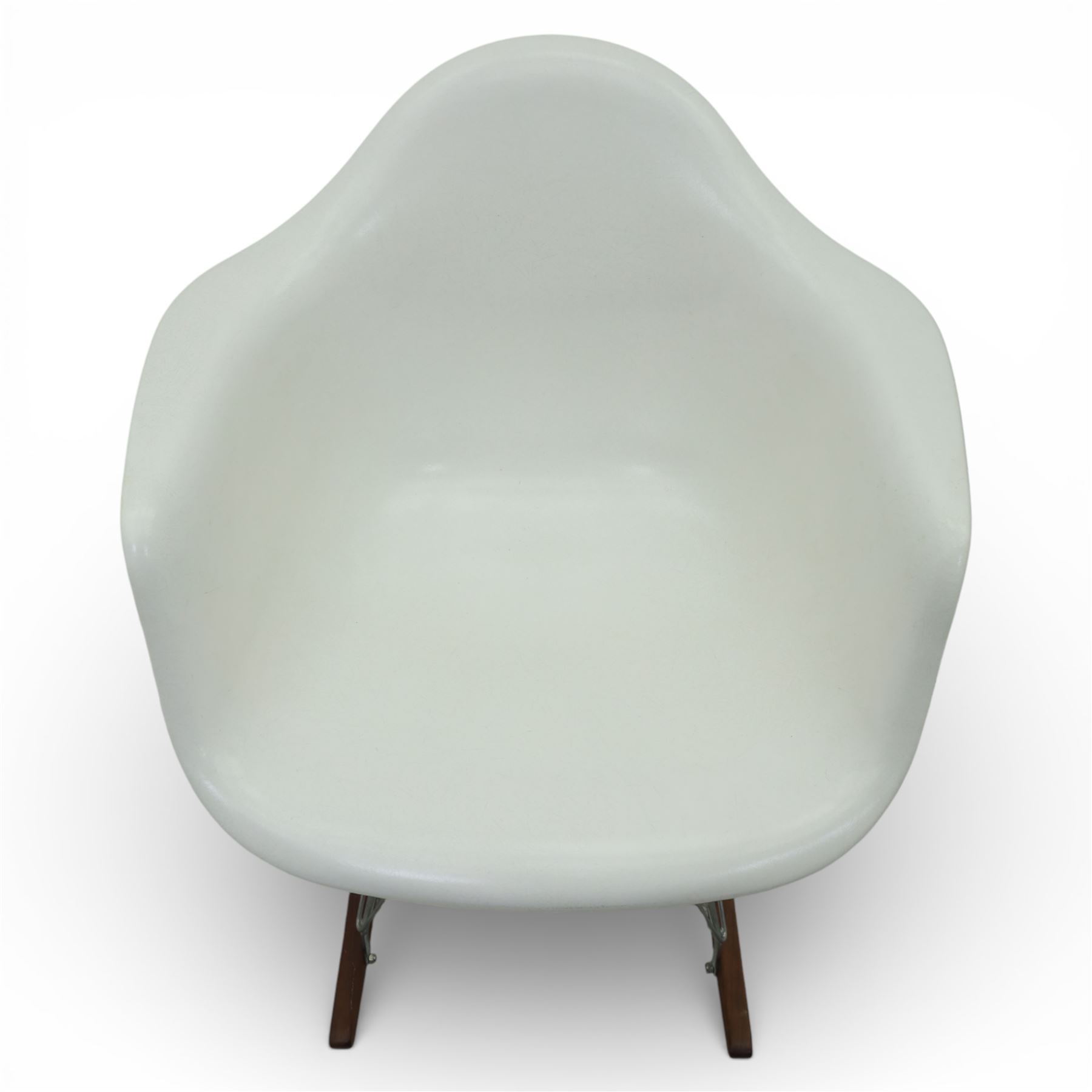 Modernica Los Angeles - RAR rocking chair, moulded white fibreglass shell with integrated arms, raised on chrome wire supports with shaped stained wooden rocking runners