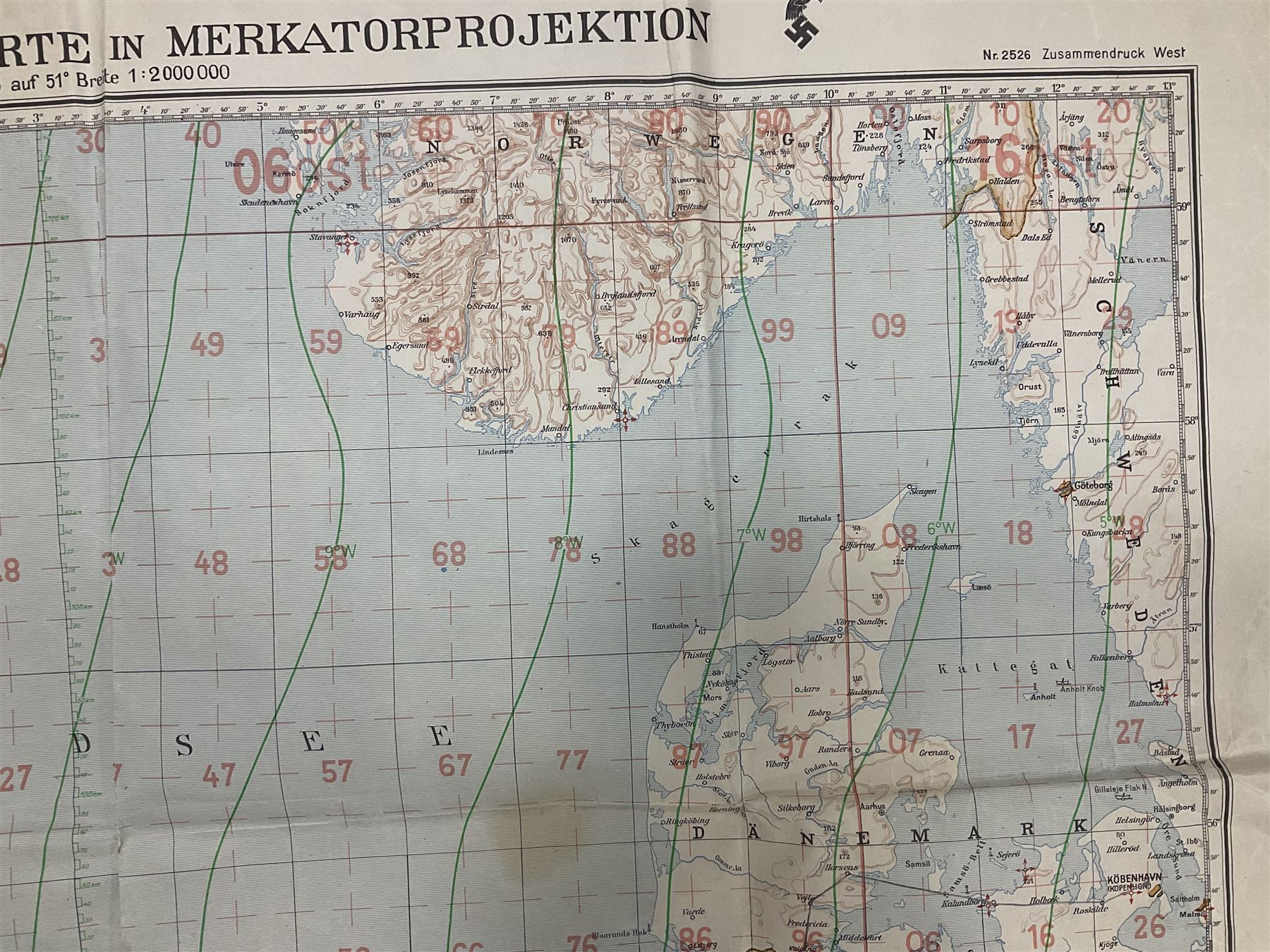 WWII German navigation map, Luft-Navigationskarte in Merkatorprojektion, of England, France, Netherlands, Denmark, H110cm, W74cm 