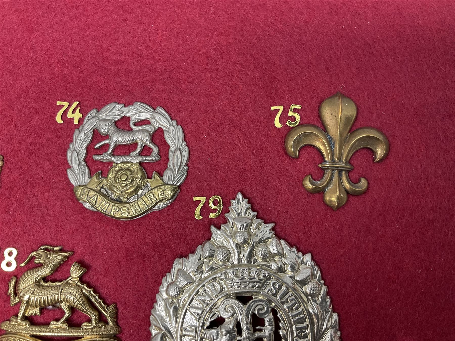 Twenty-two glengarry and cap badges including Argyll & Sutherland, Devonshire, Essex, Hampshire, Royal Berkshire, Northamptonshire, Long Range Desert Group, Royal Corps of Signals, Norfolk, Dorsetshire, East Lancashire etc; mounted on a board for display