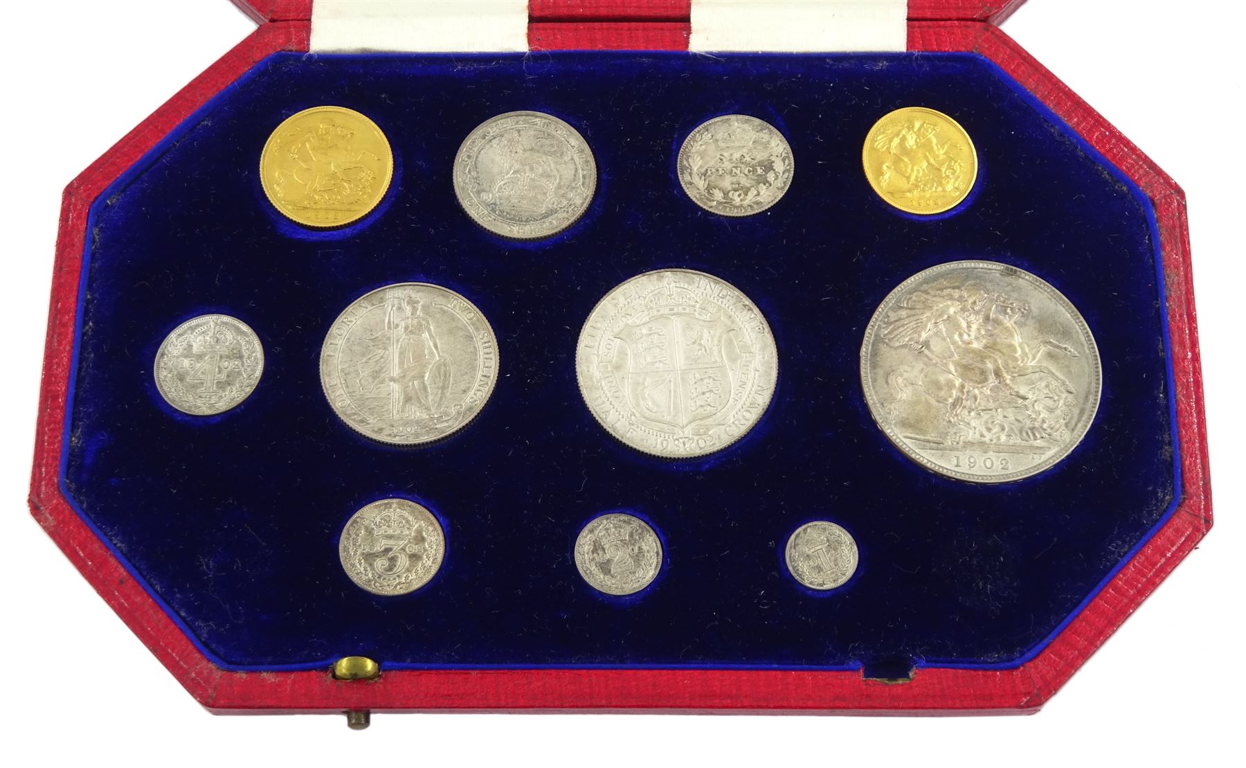 King Edward VII 1902 matt proof short coin set, comprising gold half sovereign and sovereign, silver maundy money set, sixpence, shilling, florin, halfcrown and crown, housed in the official dated case of issue