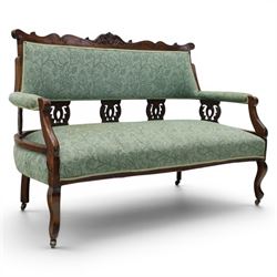 Edwardian mahogany framed sofa, shaped cresting rail with scroll terminals and carved foli...