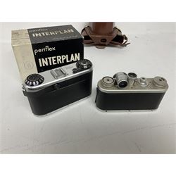Corfield Periflex I 35mm periscope camera body,  with 'Corfield Lumar-X 1:3,5/50' lens, and Corfield Interplan-B camera body, serial no. 9111482 in original box, and with ready case