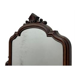 Victorian figured mahogany two-piece bedroom set - the washstand with white and black marble moulded top with arched back and raised shelf, two moulded frieze drawers, on turned and fluted supports with brass and ceramic castors (W123cm, D60cm, H102cm); the dressing table with raised swing mirror in moulded frame with shell and scroll carved pediment, on scrolled horns carved with foliage, four raised trinket drawers over moulded rectangular top, fitted with two drawers, on turned and fluted supports with brass and ceramic castors (W122cm, H177cm, D62cm)