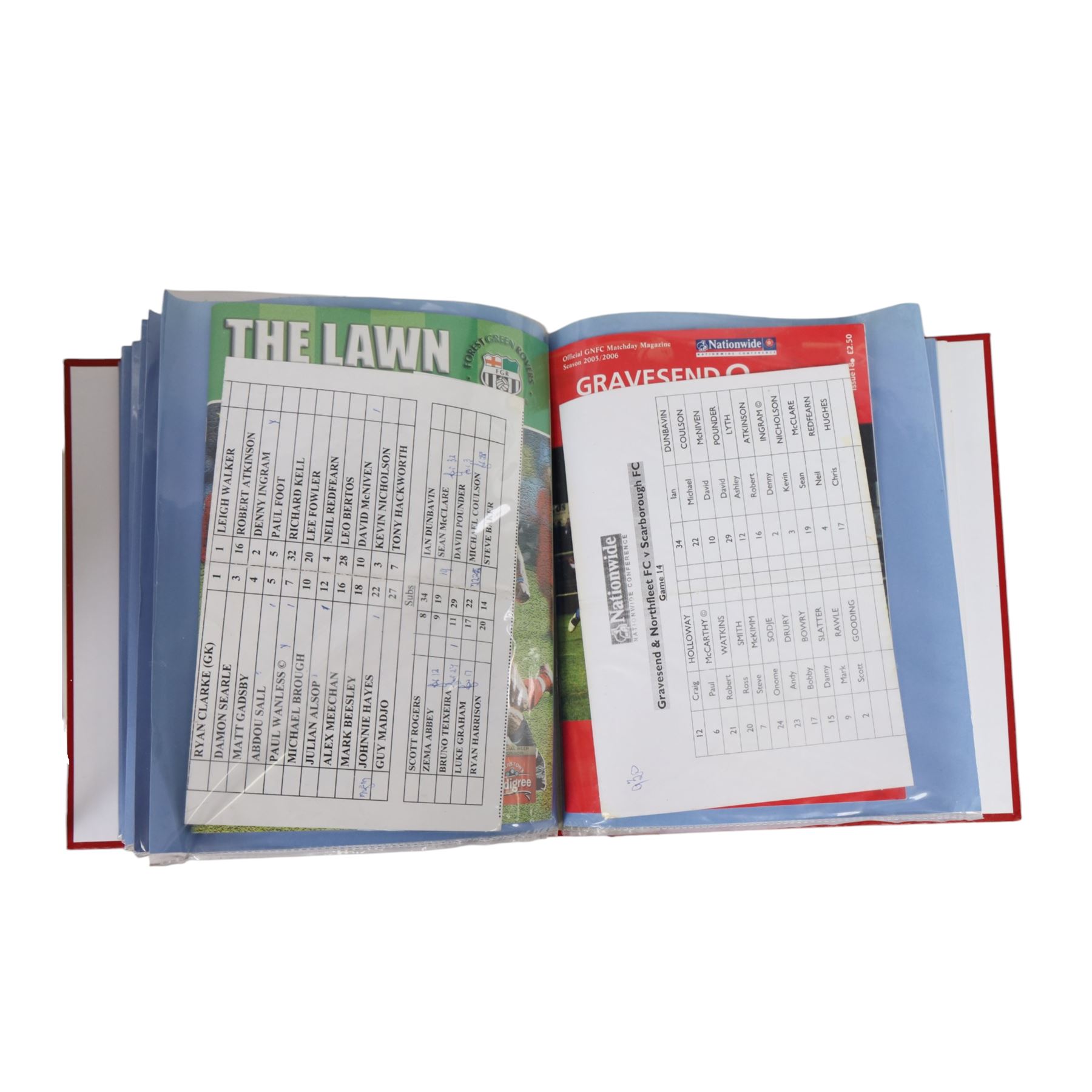 Comprehensive collection of approximately two hundred and thirty Scarborough FC football programmes for the 2003/04, 2004/05, 2005/06 and 2006/07 seasons, all filed within eight dedicated Scarborough FC red Home and Away binders