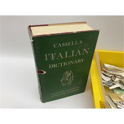 Collection of whimsy figures in a wooden display case, together with other assorted collectables, including stamps, pin badges etc